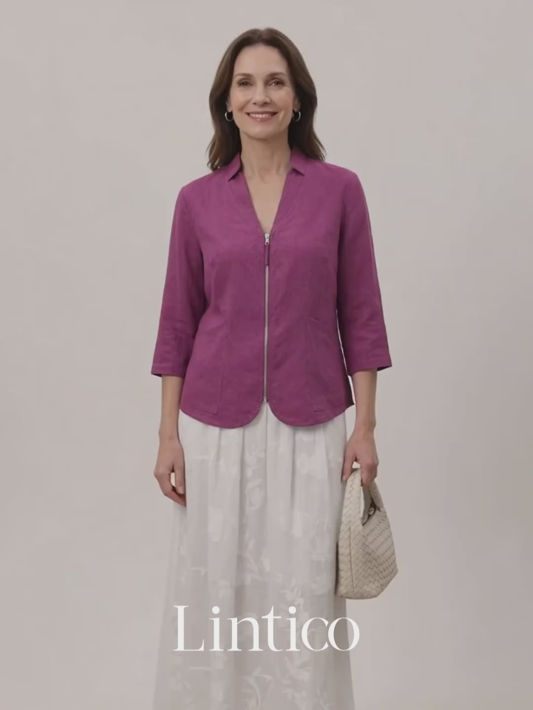 Berry Wine 100% Linen Stand Collar Zip Front Jacket MAELLE product video