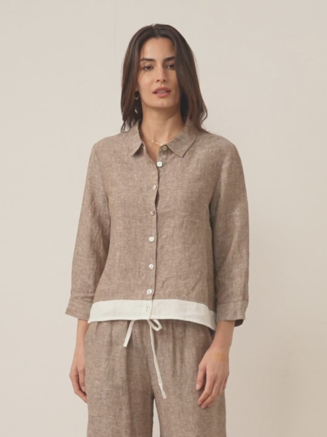 100% Linen Buttoned Closure Color-Blocked Shirt JANICE