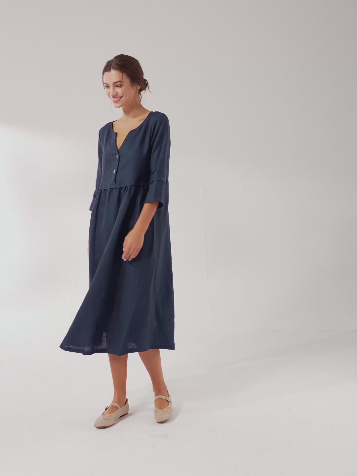 100% Linen Loose Fit Button Waist Gathered Maxi Dress LUNA