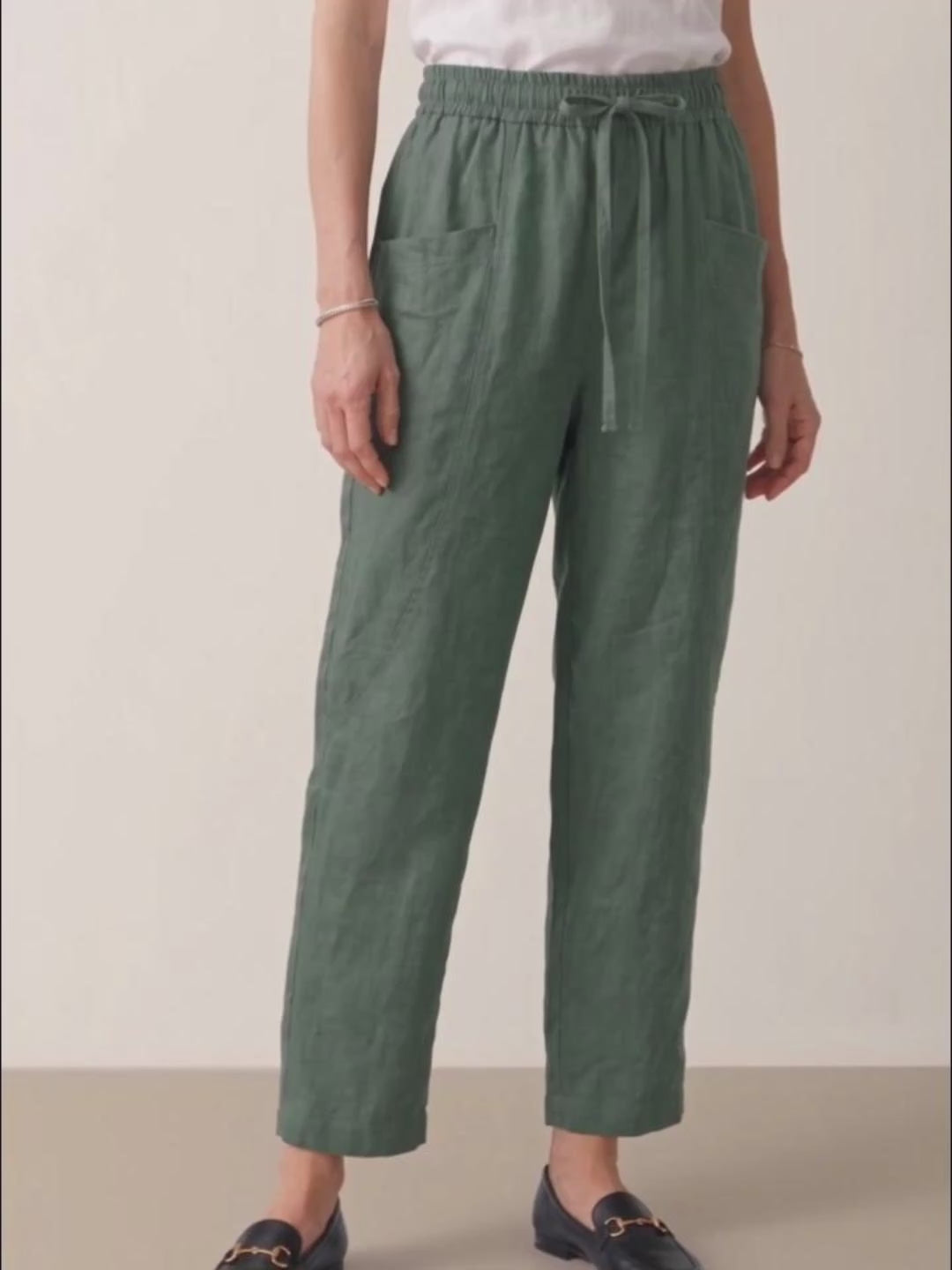 Eucalyptus Green 100% Linen Drawstring Utility Ankle Pants AMELINE product video