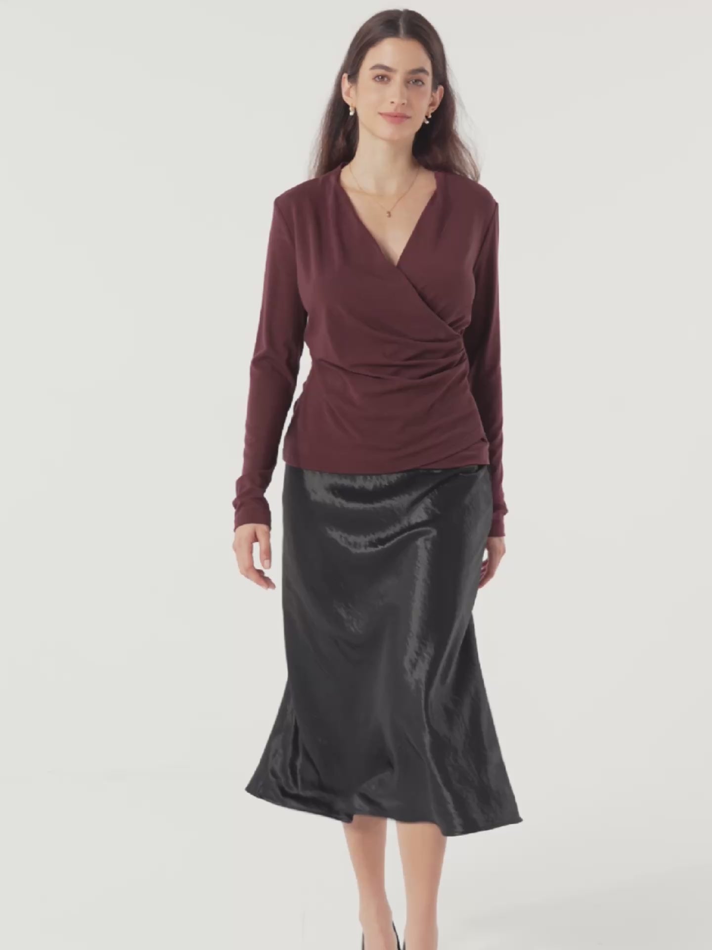 Wool Lyocell Asymmetric Ruched Overlap V-Neck Top TILLY
