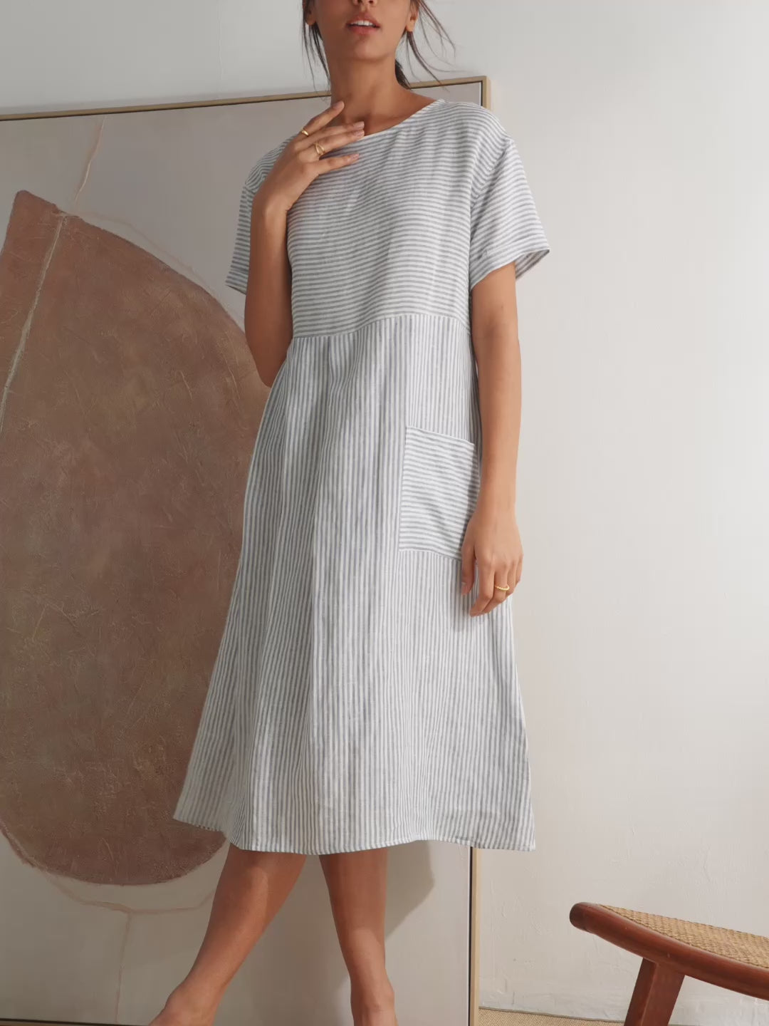 100% Linen Pinstripe Paneled Short-Sleeved Dress MORGAN