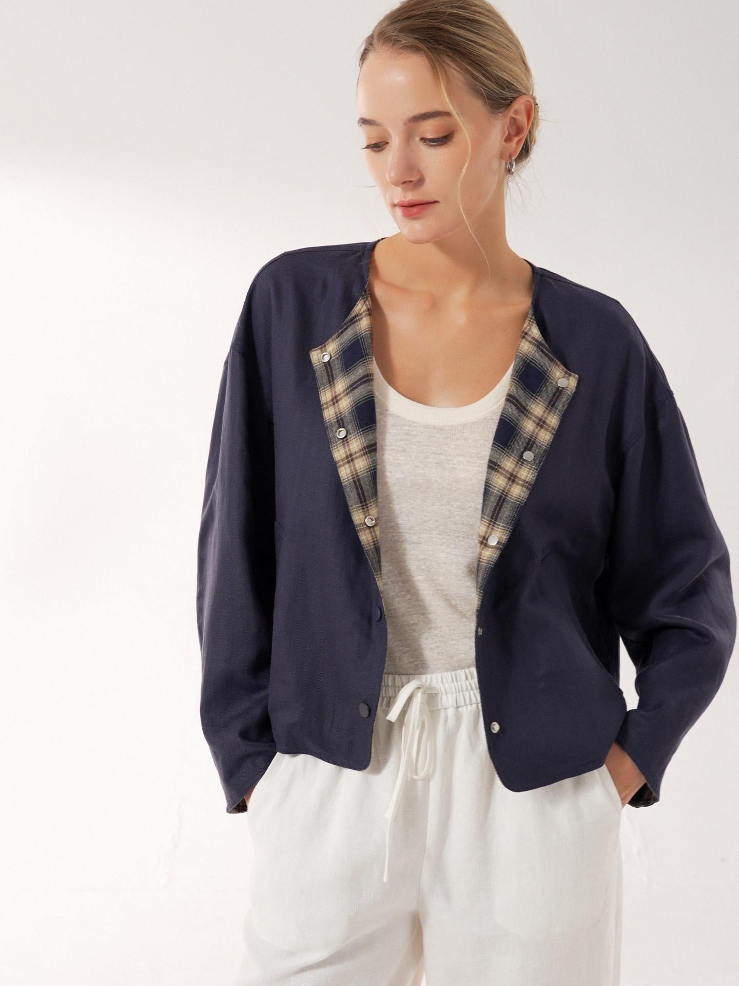 Tencel Linen Reversible Crew Neck Casual Jacket CHLOE