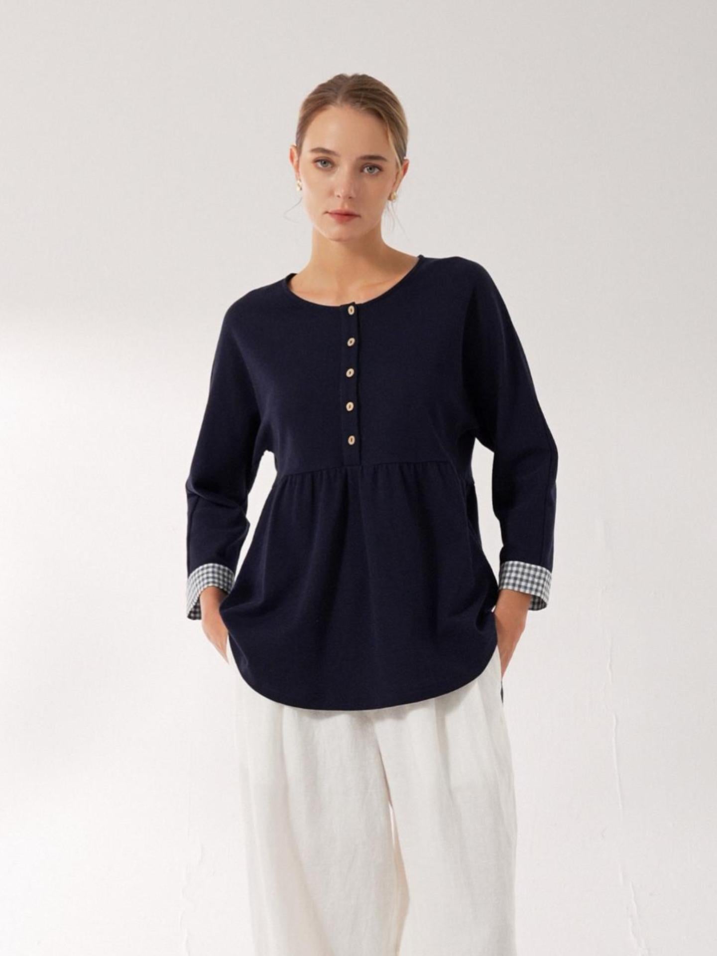Organic Cotton Patchwork Cuff Button Decor Top AUDREY
