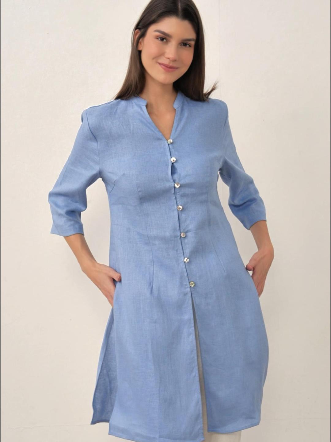 100% Linen Hand Button Long Top DILLON