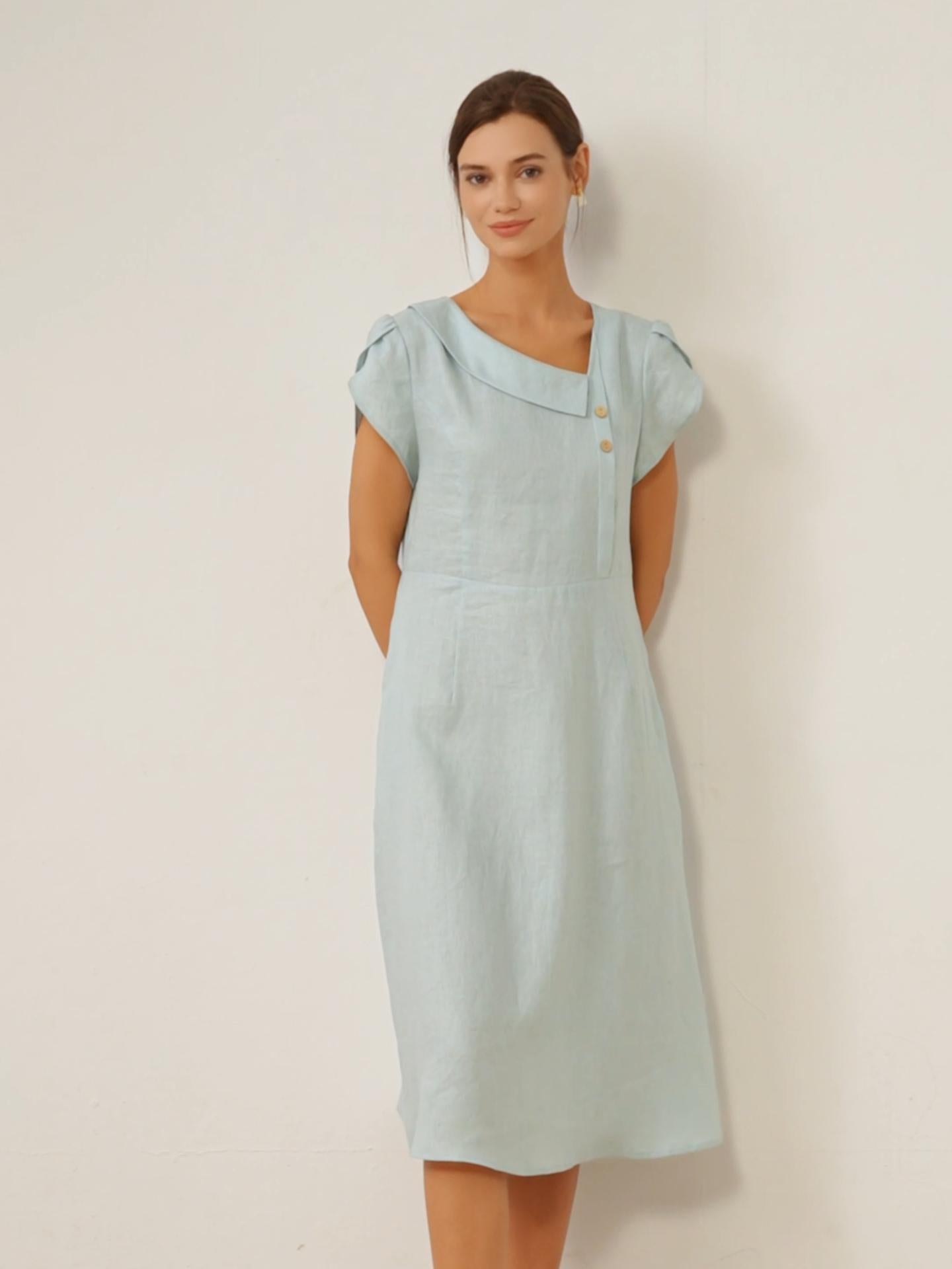 100% Linen Crescent Collar Flutter Sleeve Midi Dress Fiona