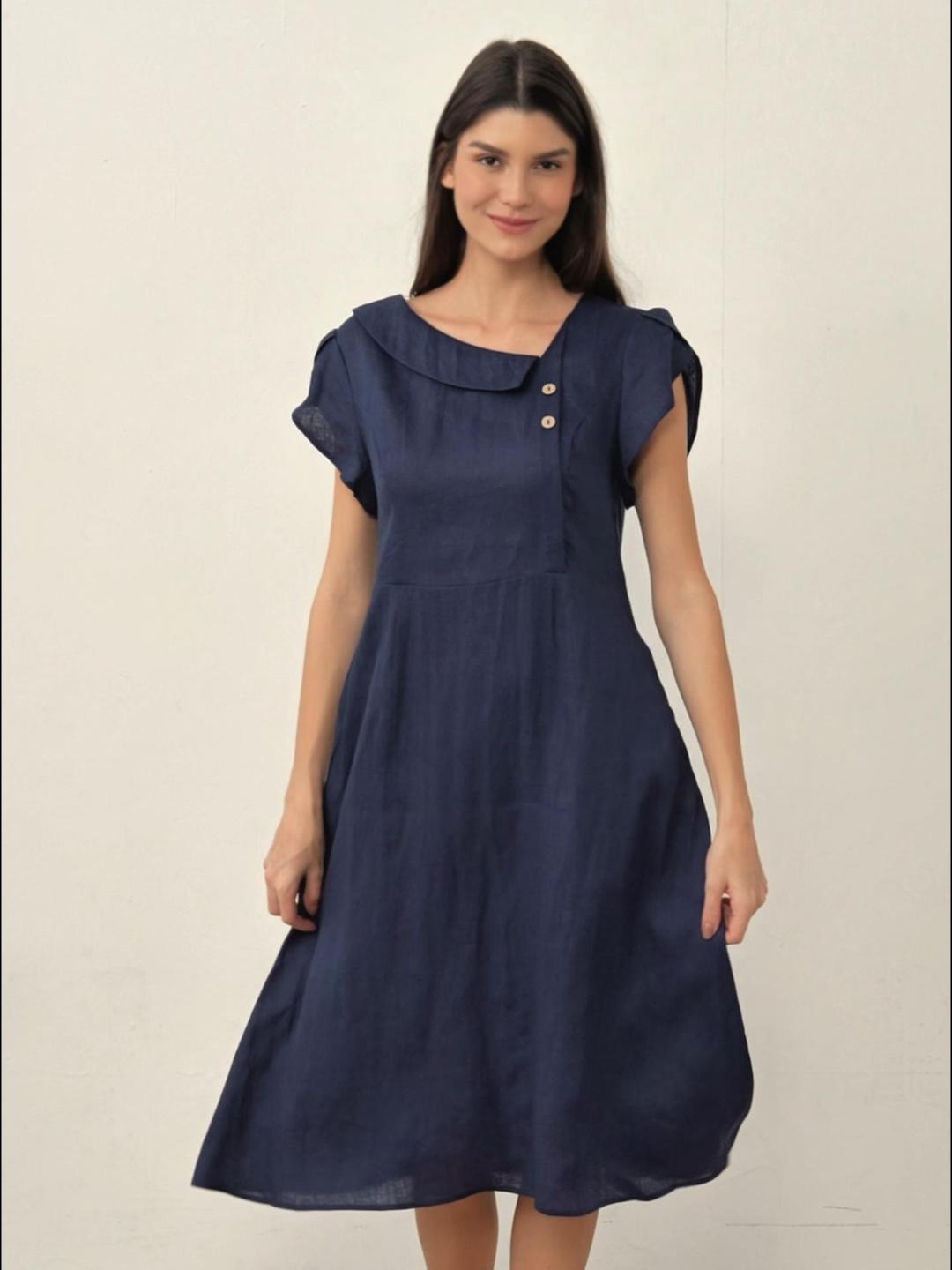100% Linen Crescent Collar Flutter Sleeve Midi Dress FIONA