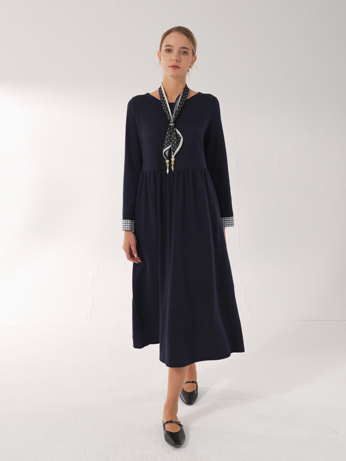 Organic Cotton Patchwork Cuff Crew Neck Casual Maxi Dress SCARLETT