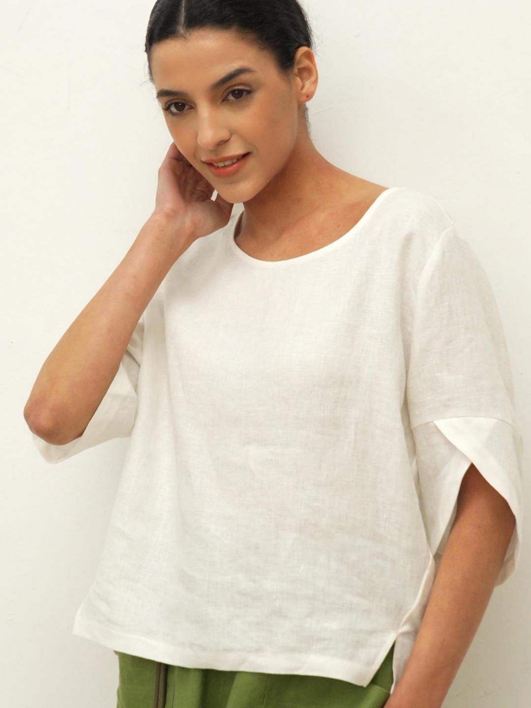 100% LINEN ROUND NECK PETAL-SLEEVE PULLOVER LAUREL