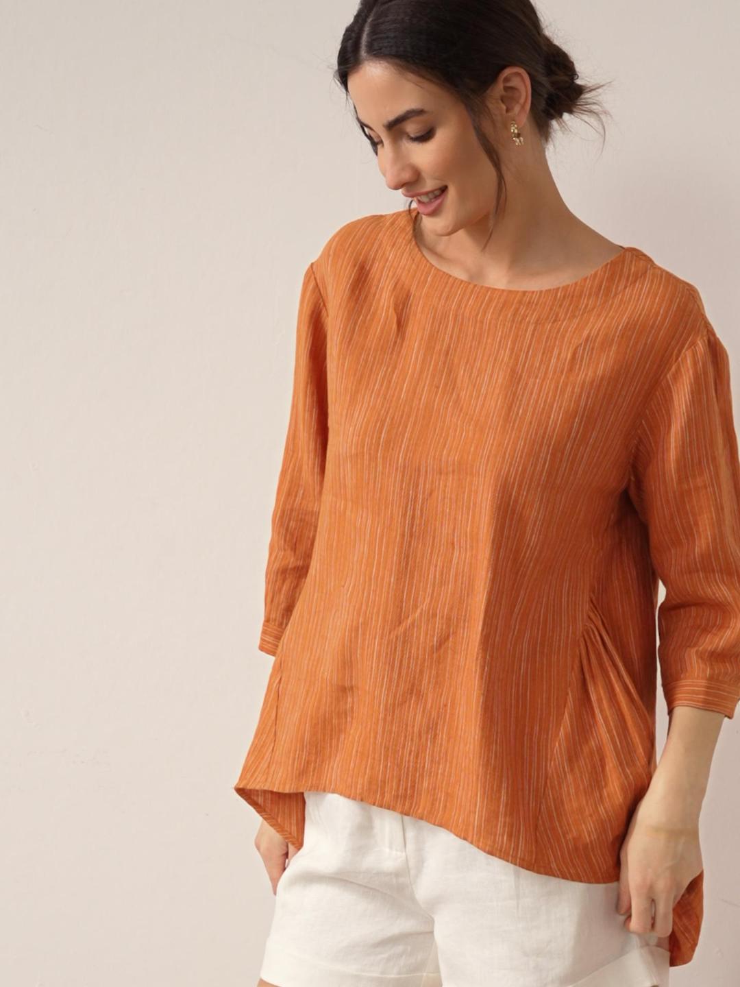 100% Linen Round Neck Artistic Stripe Top