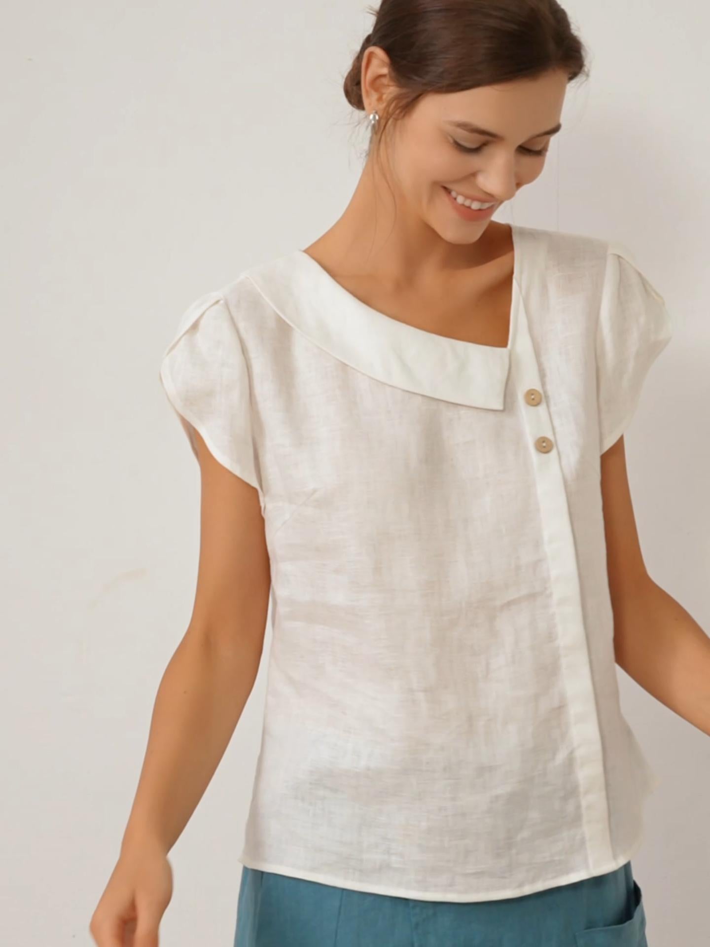 100% Linen Crescent Collar Flutter Sleeve Top Fara