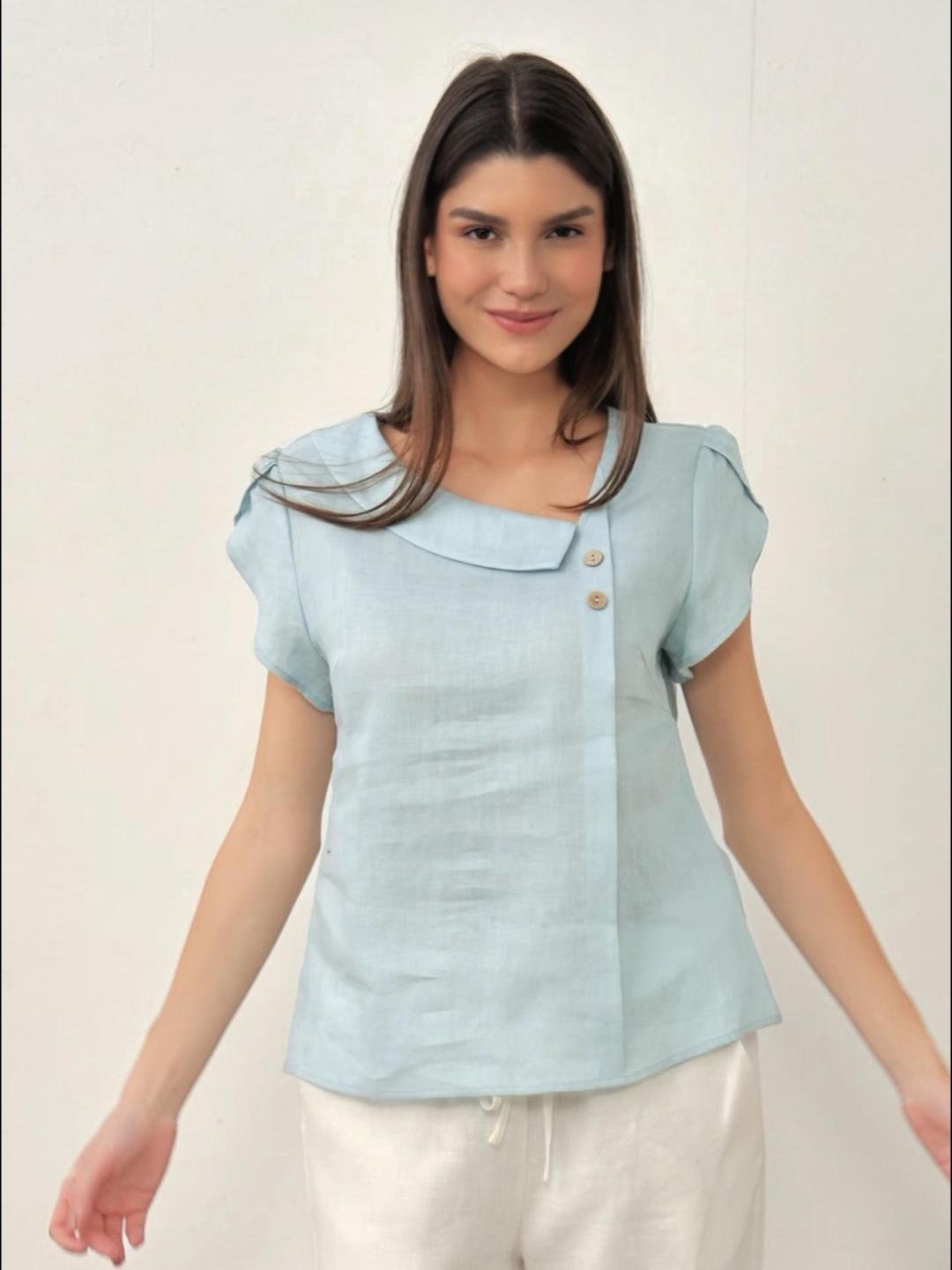 100% Linen Crescent Collar Flutter Sleeve Top FARA