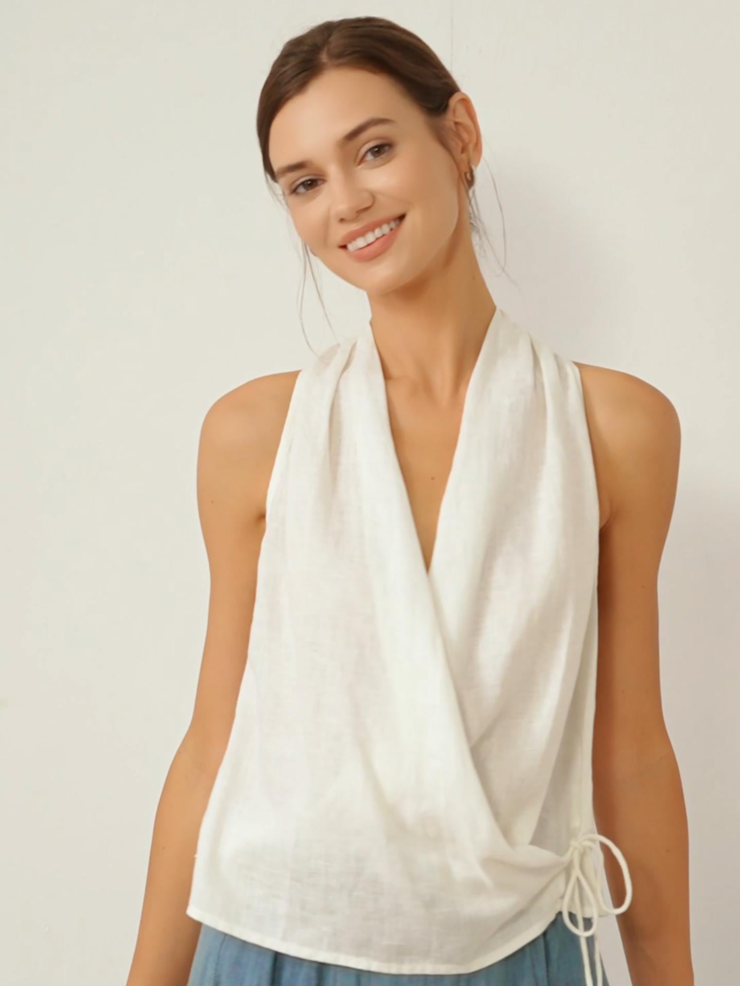 100% Linen Halter Neck Tie-Front Crop Top Faye