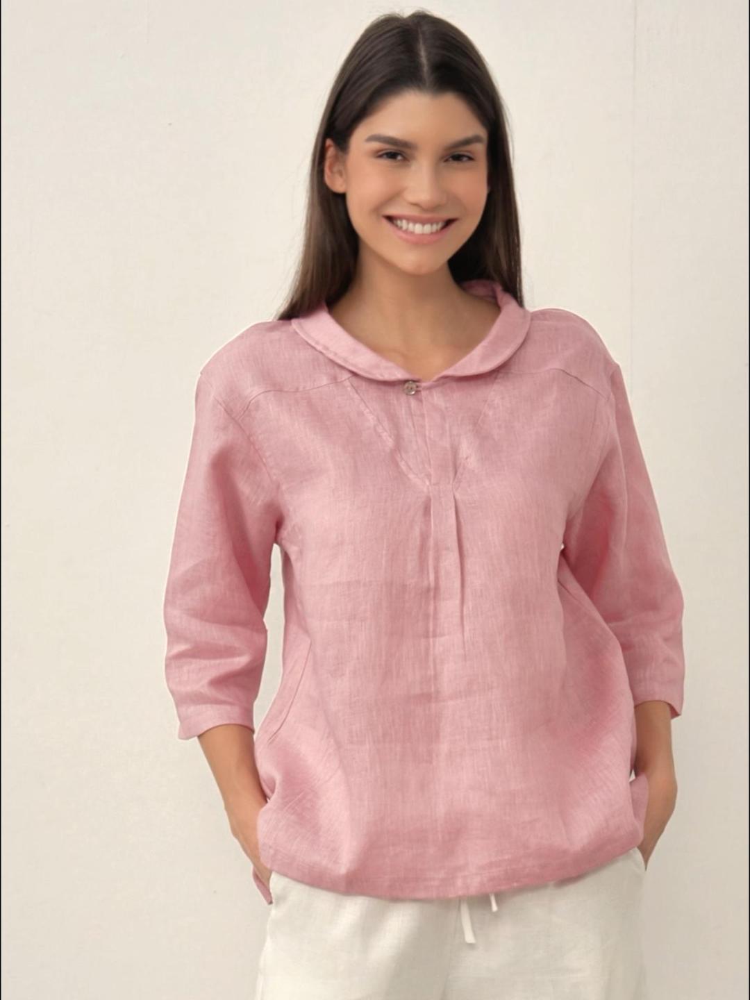 100% Linen Shawl V-Neck Half Sleeve Top JADE