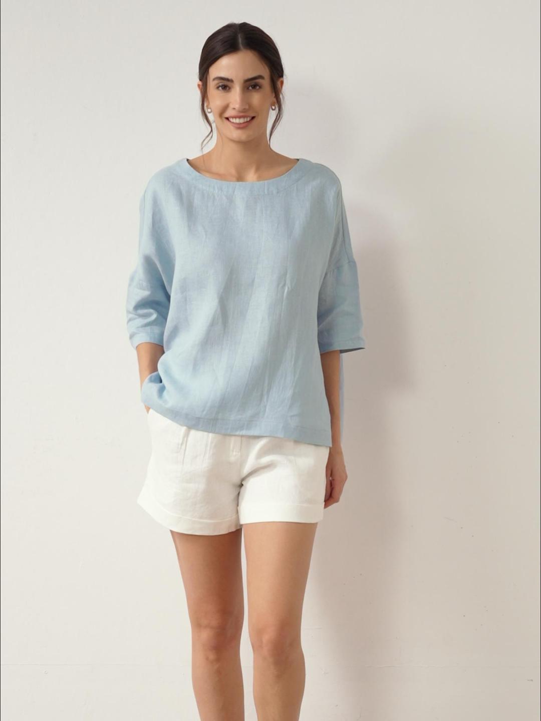 AURORA 100% Linen Boatneck 3/4 Length Sleeve Top
