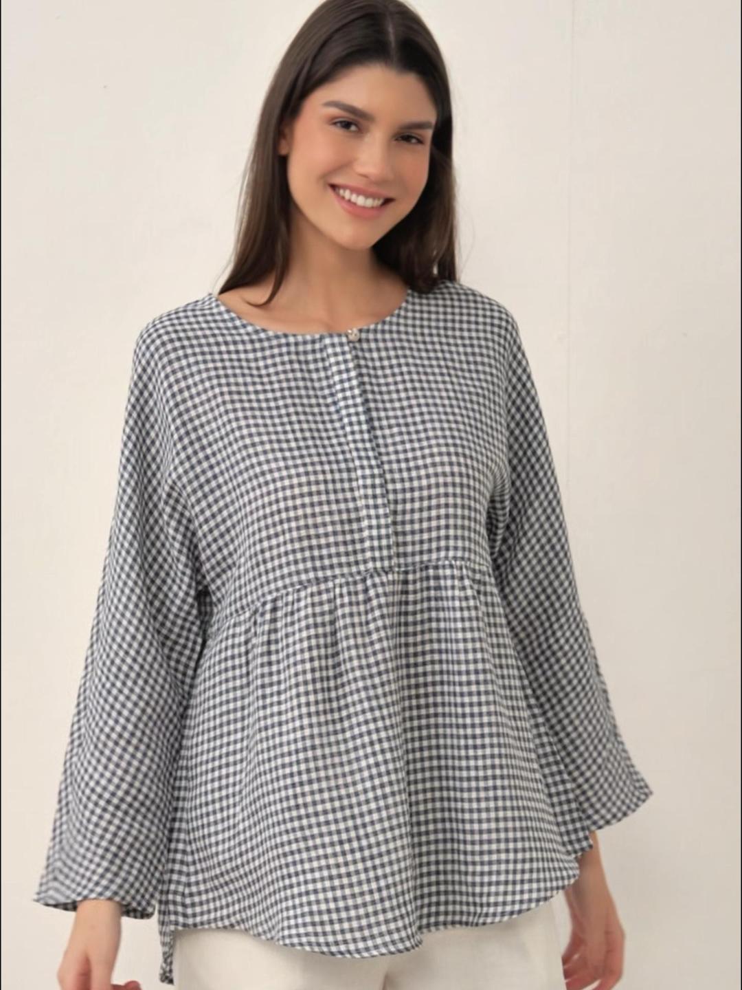 Linen Checked Long-Sleeved Top CAROLINE
