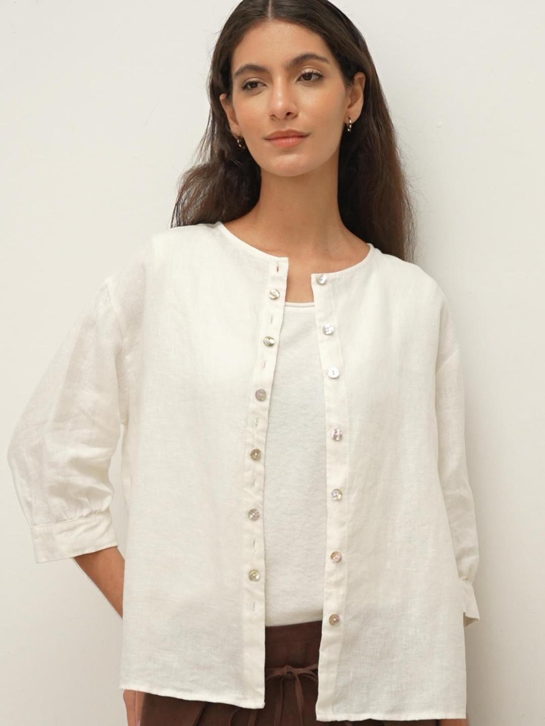 100% LINEN BUTTON-FRONT DROP SHOULDER SHIRT EASTER