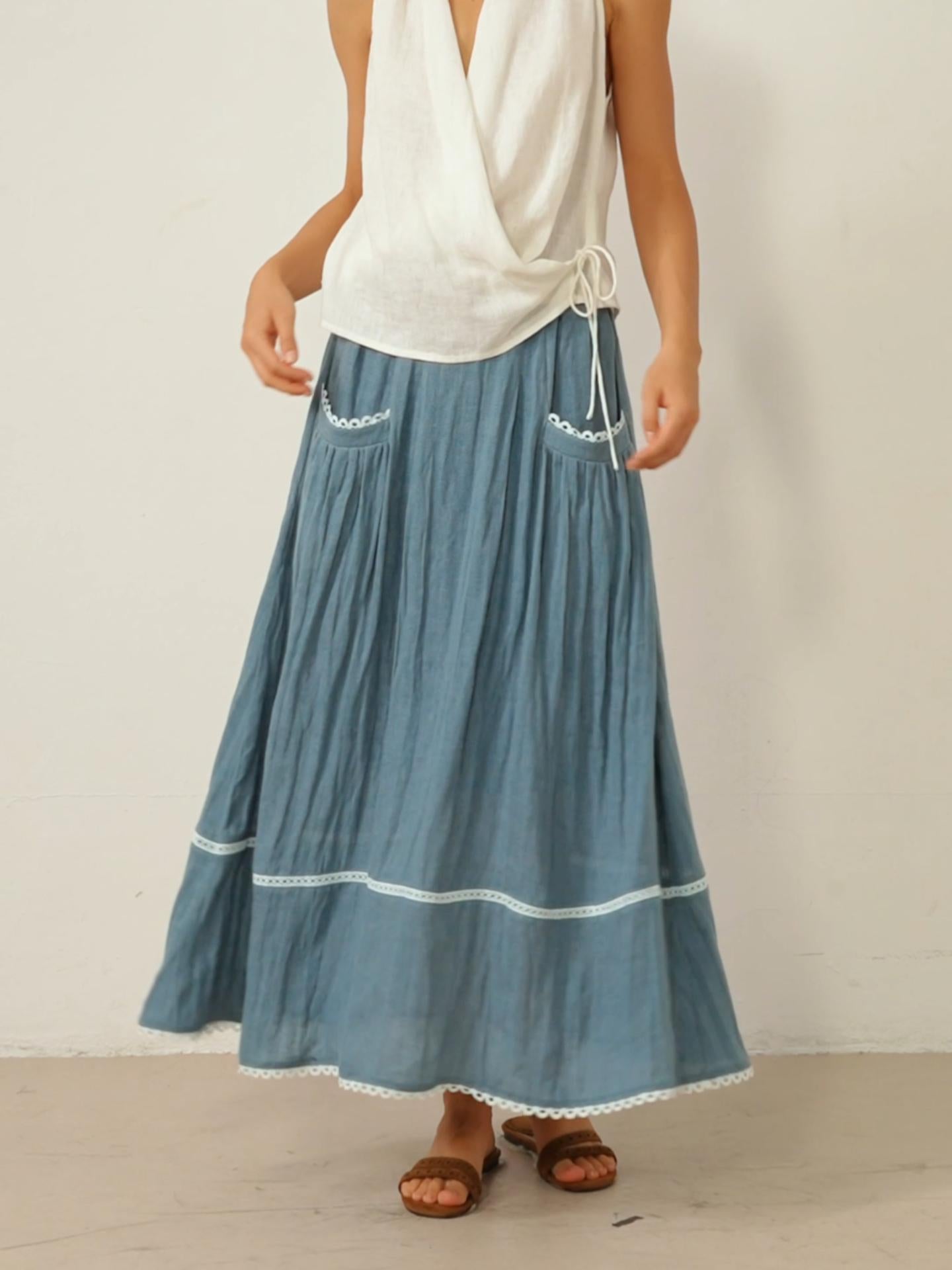100% Linen Lace-Up Pocket Skirt FENLA