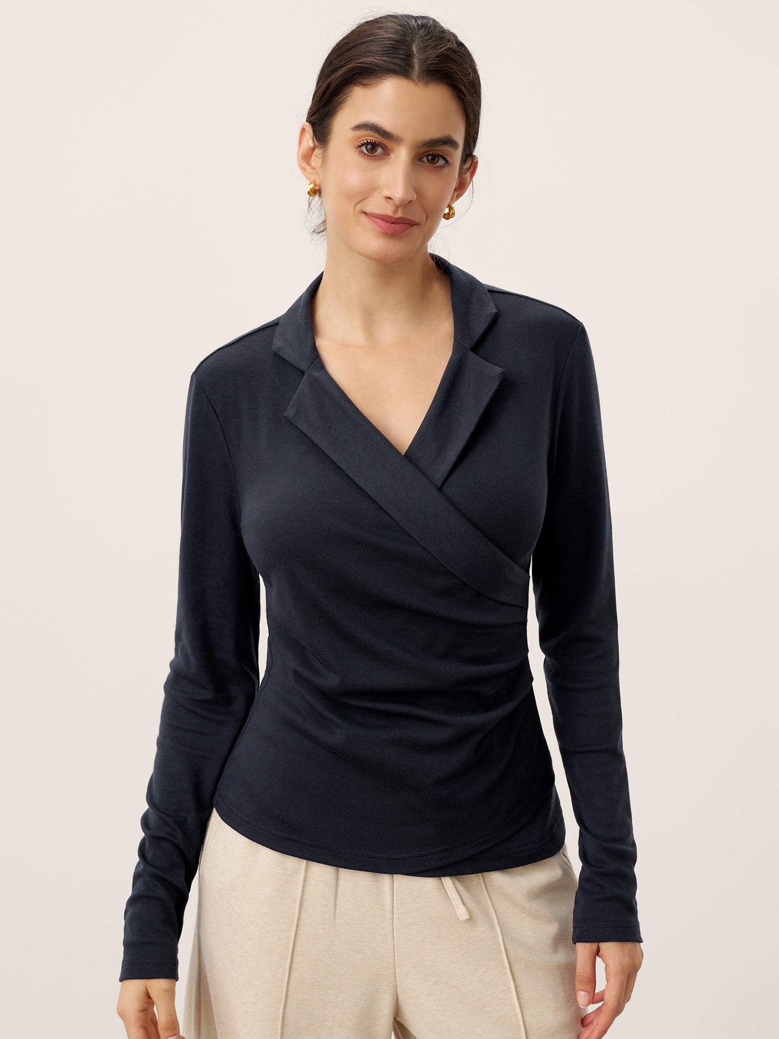 Wool Asymmetric Side Ruched Stretch Top BRIONY