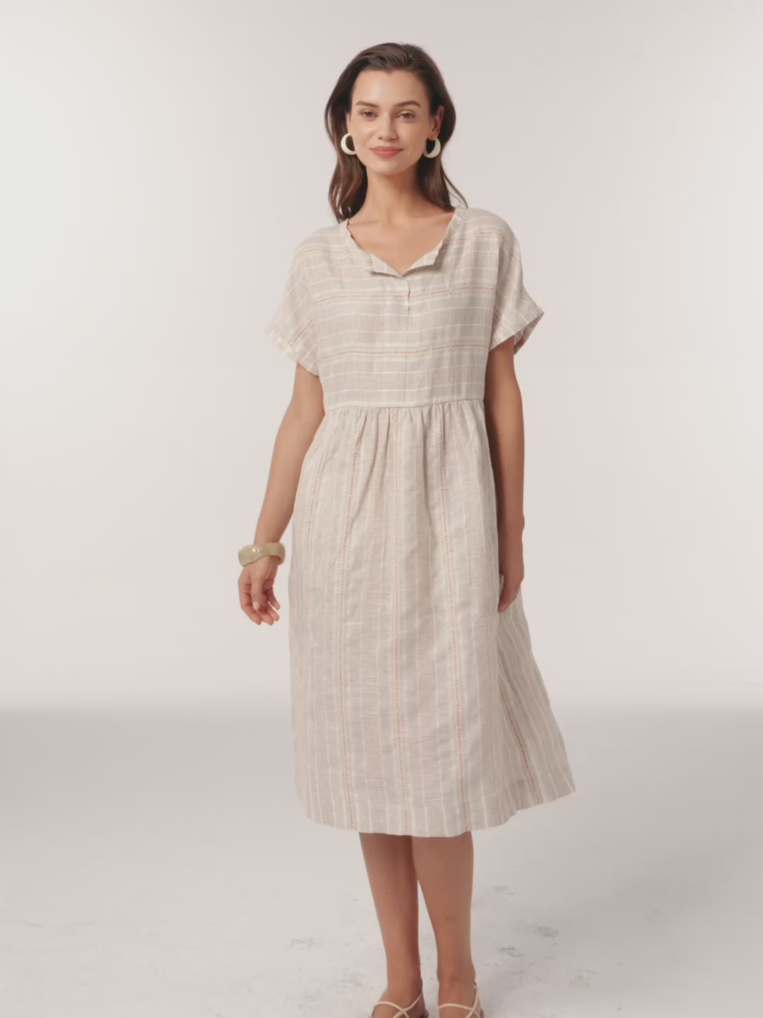 Linen Gathered-Hem Split-Neck Midi Dress SYDNEY – LINTICO