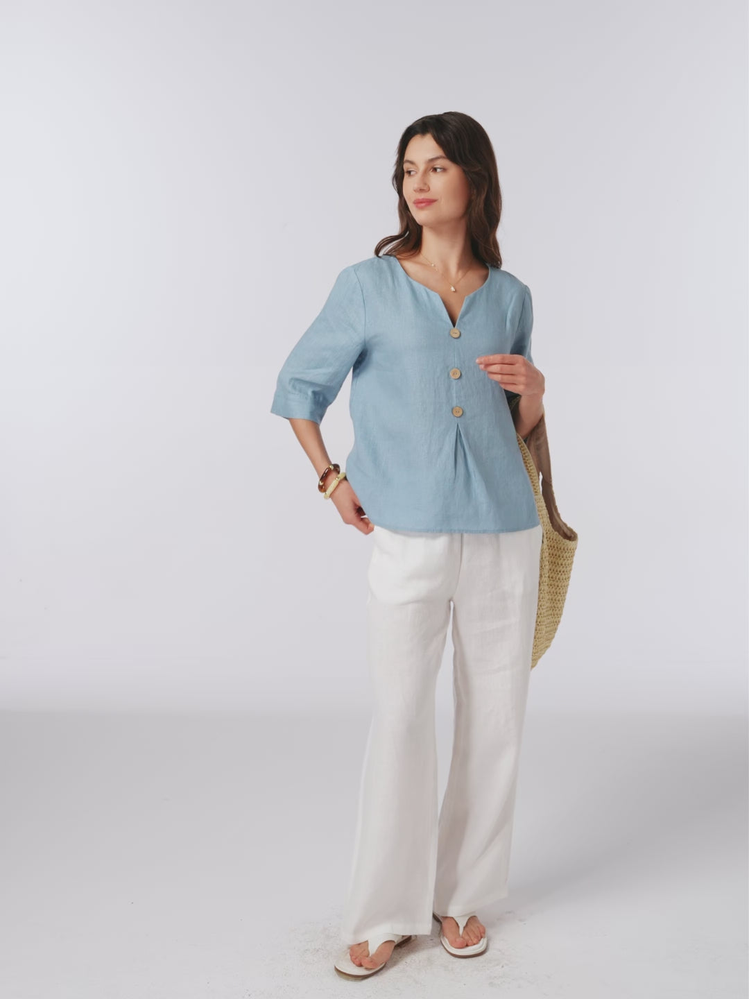 100% Linen Split Neck Inverted Pleat Top TABITHA