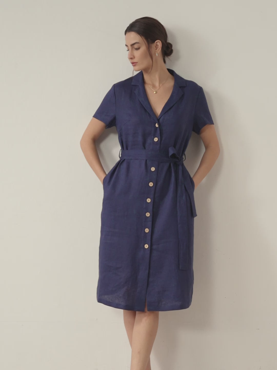 100% Linen V-Neck Button-Front Shirt Dress EILEEN – LINTICO