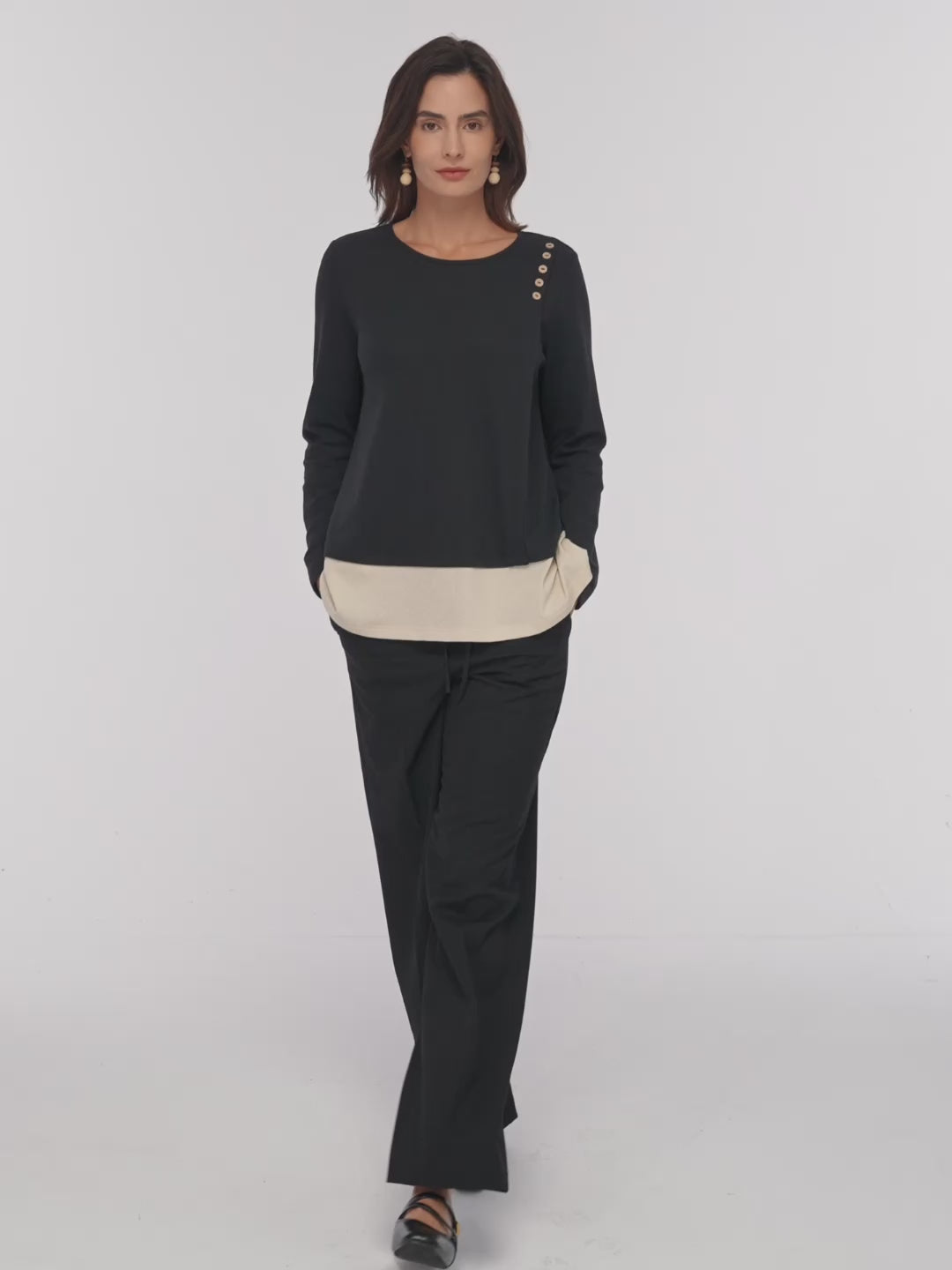 Cotton-Linen Contrast Panel Long Sleeve Top SILVIA