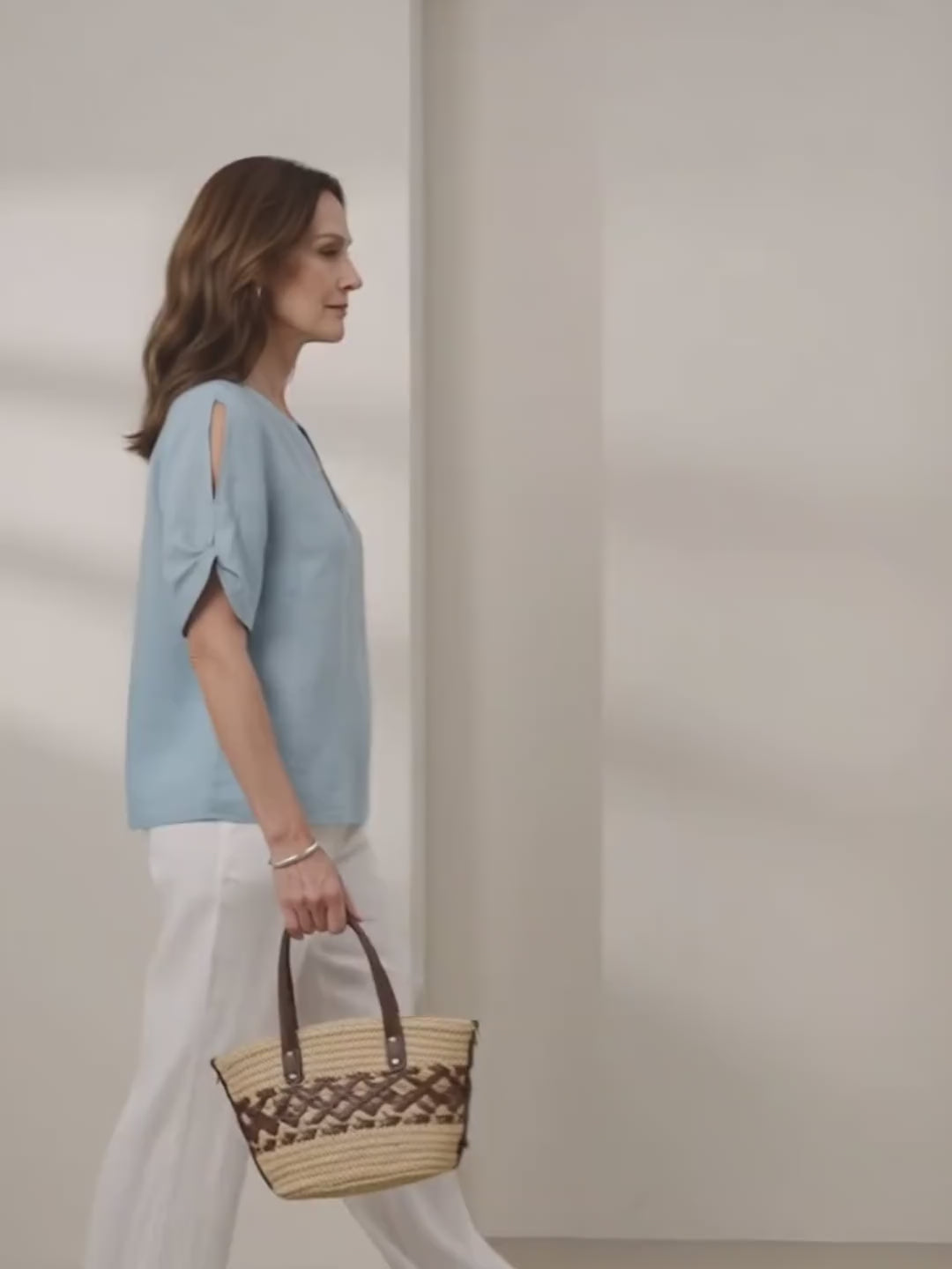 Sky Blue 100% Linen Shoulder Slit V Neck Top NOELIA product video