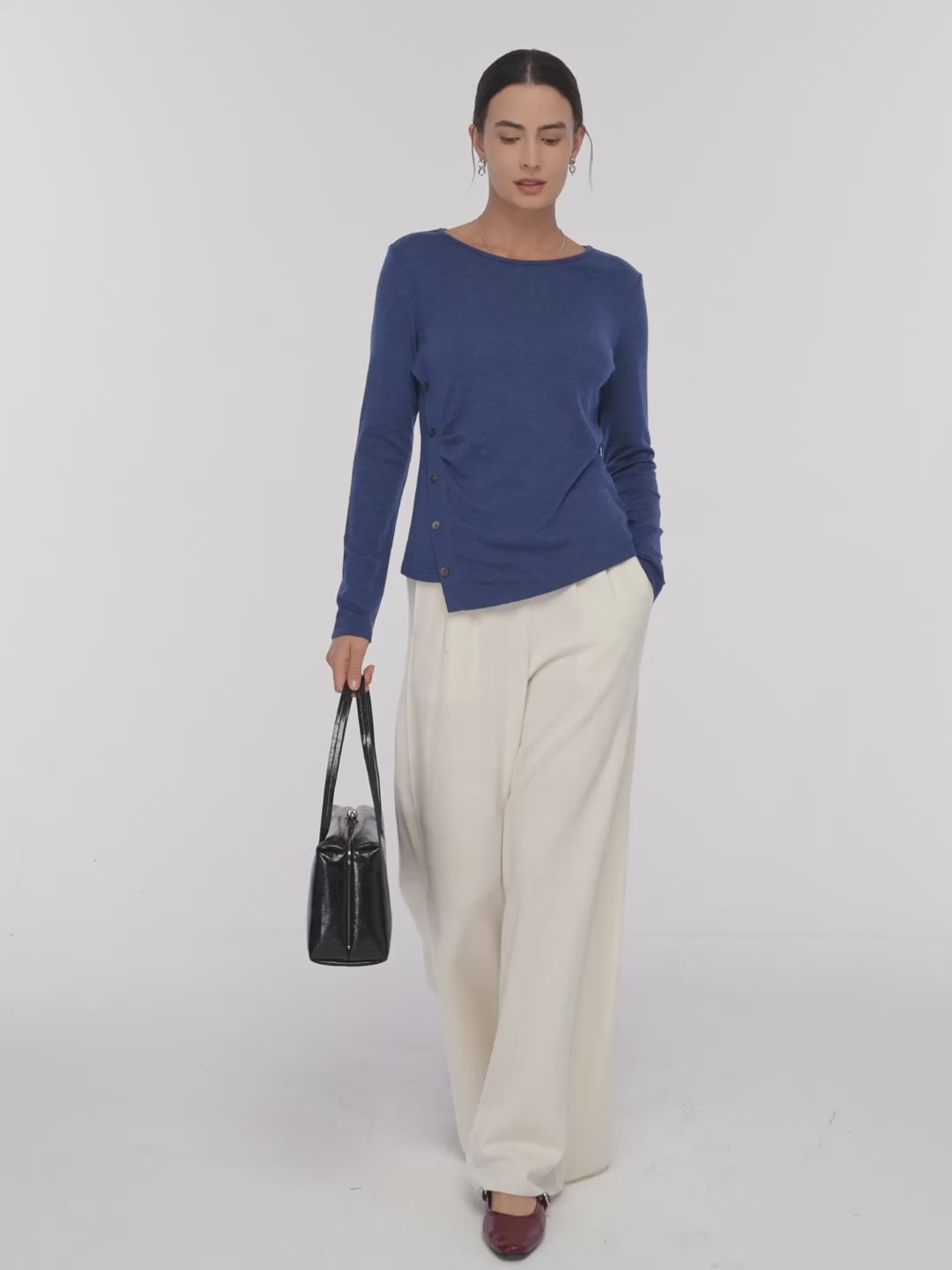 Wool Asymmetric Buttoned Long Sleeve Top LUCIE