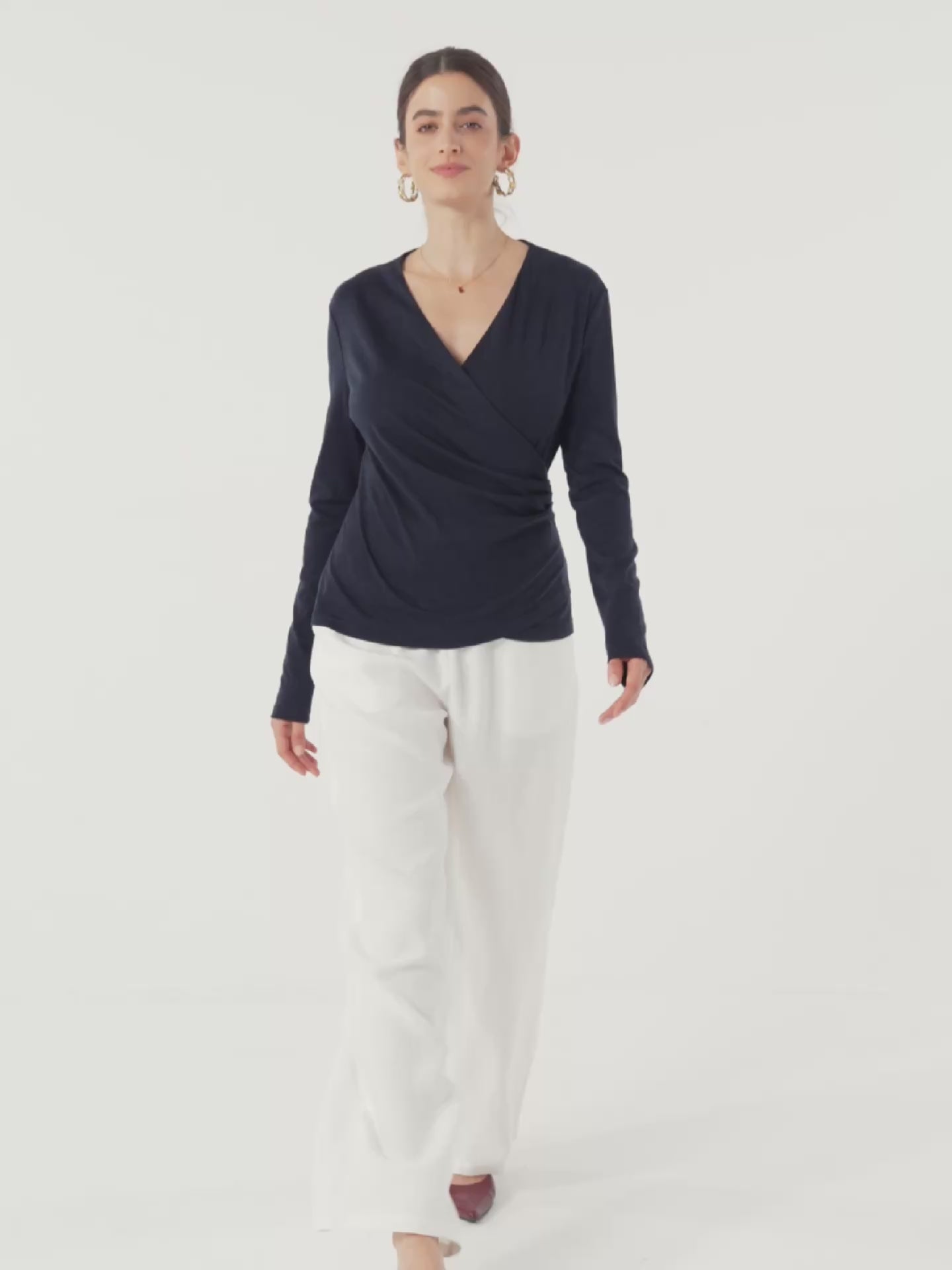Wool Lyocell Asymmetric Ruched Overlap V-Neck Top TILLY