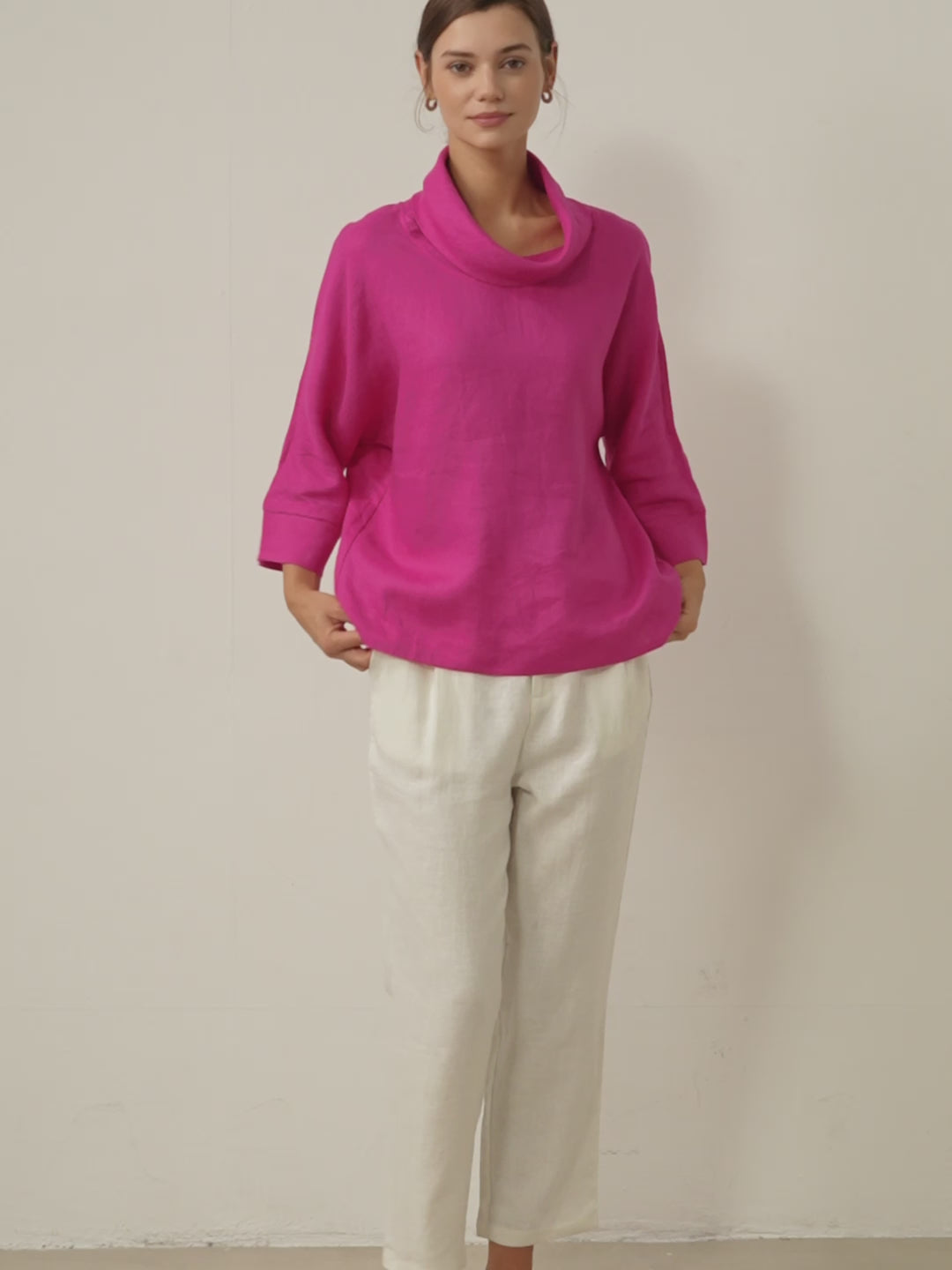 100% Linen Dropped Collar Long-Sleeve Top TRISTAN