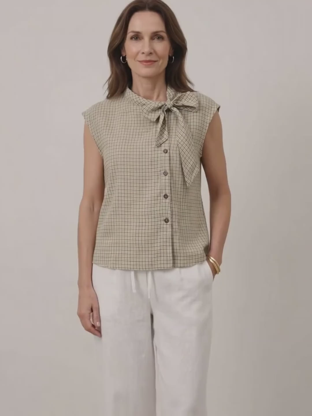 Straw Check 100% Linen Yarn Dyed Check Tie Neck Top ISALINE product video