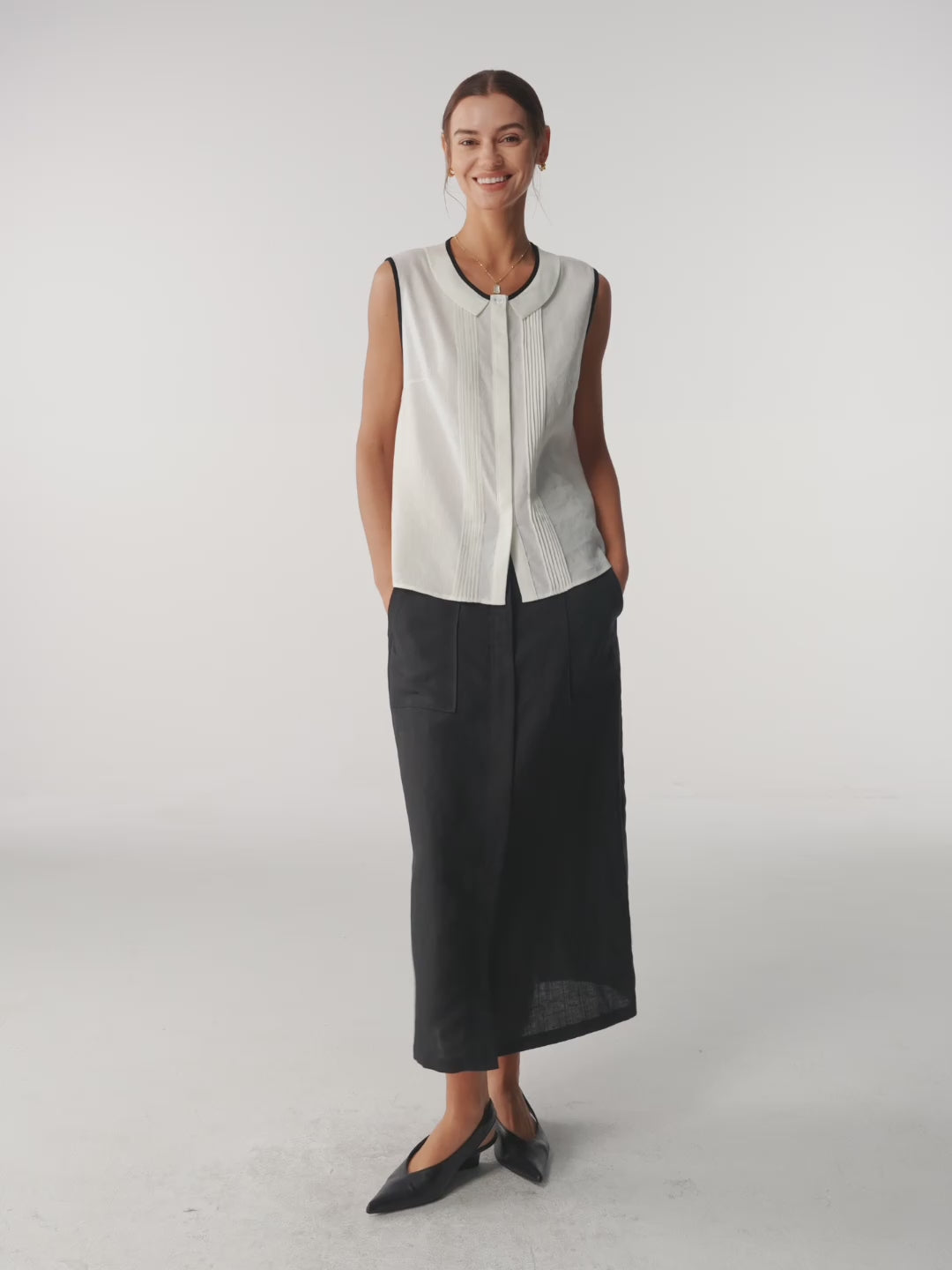 Linen-Lyocell Contrast Trim Pleated Sleeveless Top JUNIPER