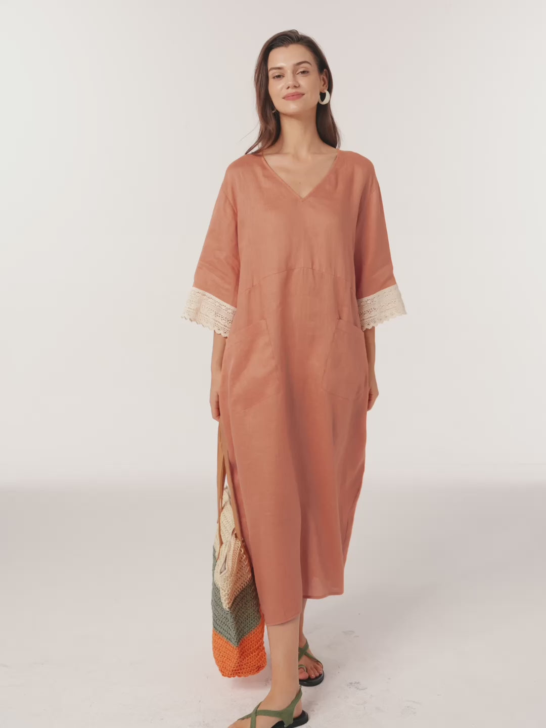 100% Linen Lace-Cuff Cocoon Maxi Dress PETRA – LINTICO