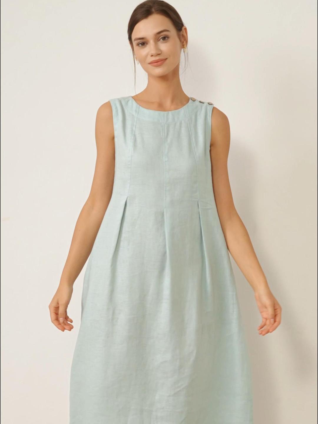 100% Linen Sleeveless Shoulder Button Midi Dress Freya