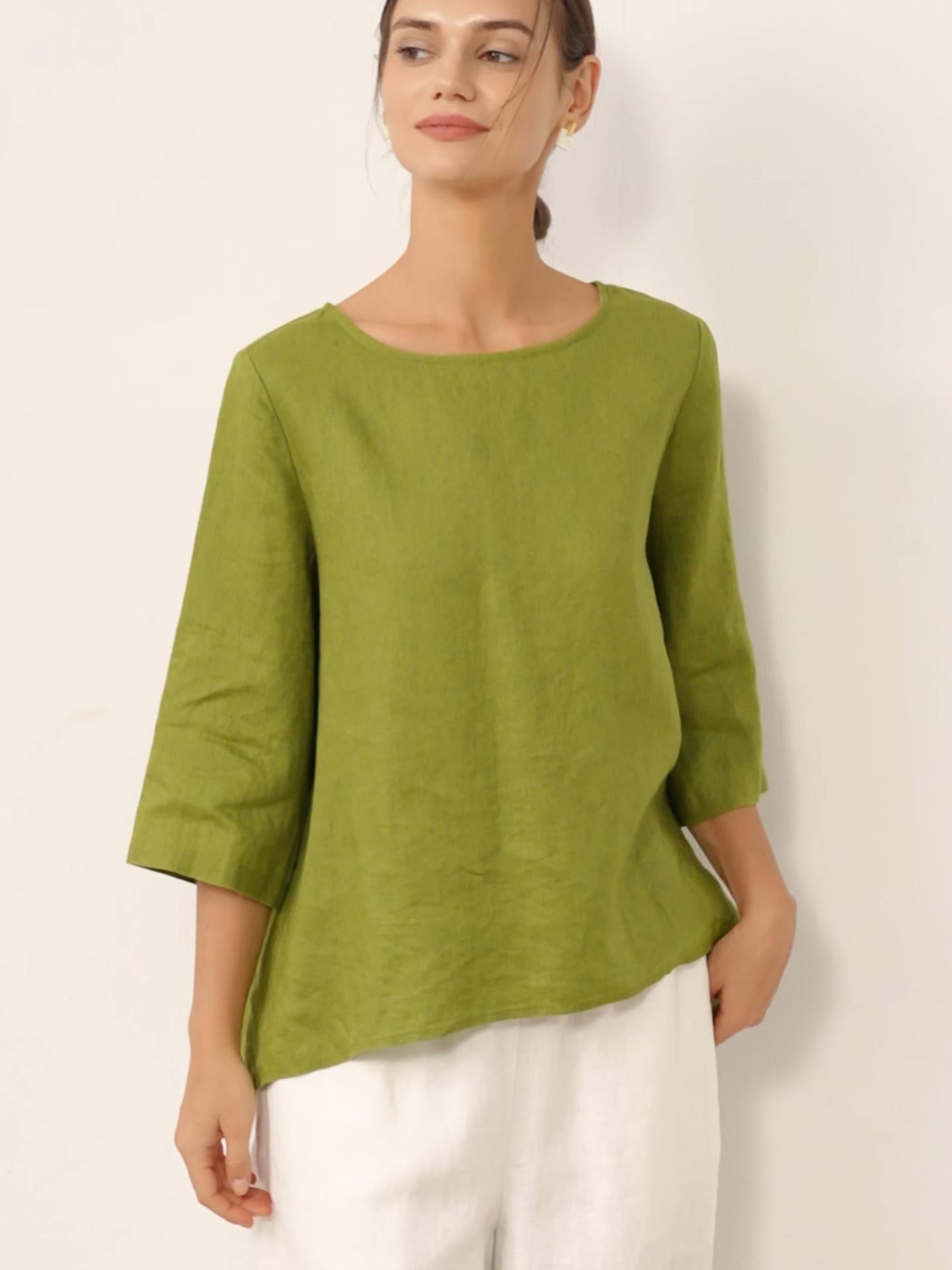 100% Linen Round Neck Asymmetrical Hem Top BRIANNA