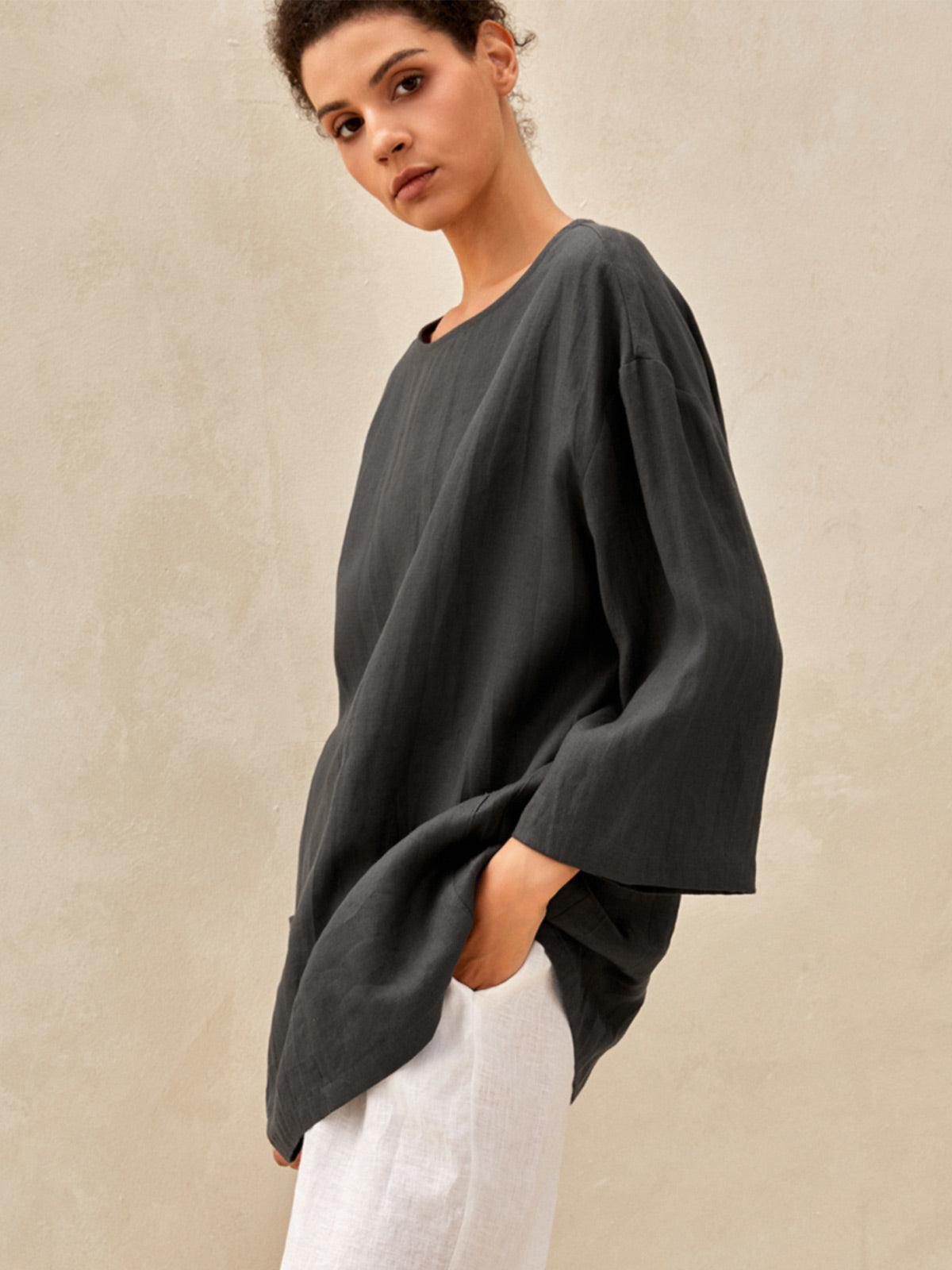 100% Linen Loose Long Shirt LILY - TOPS-Linen Tunics
