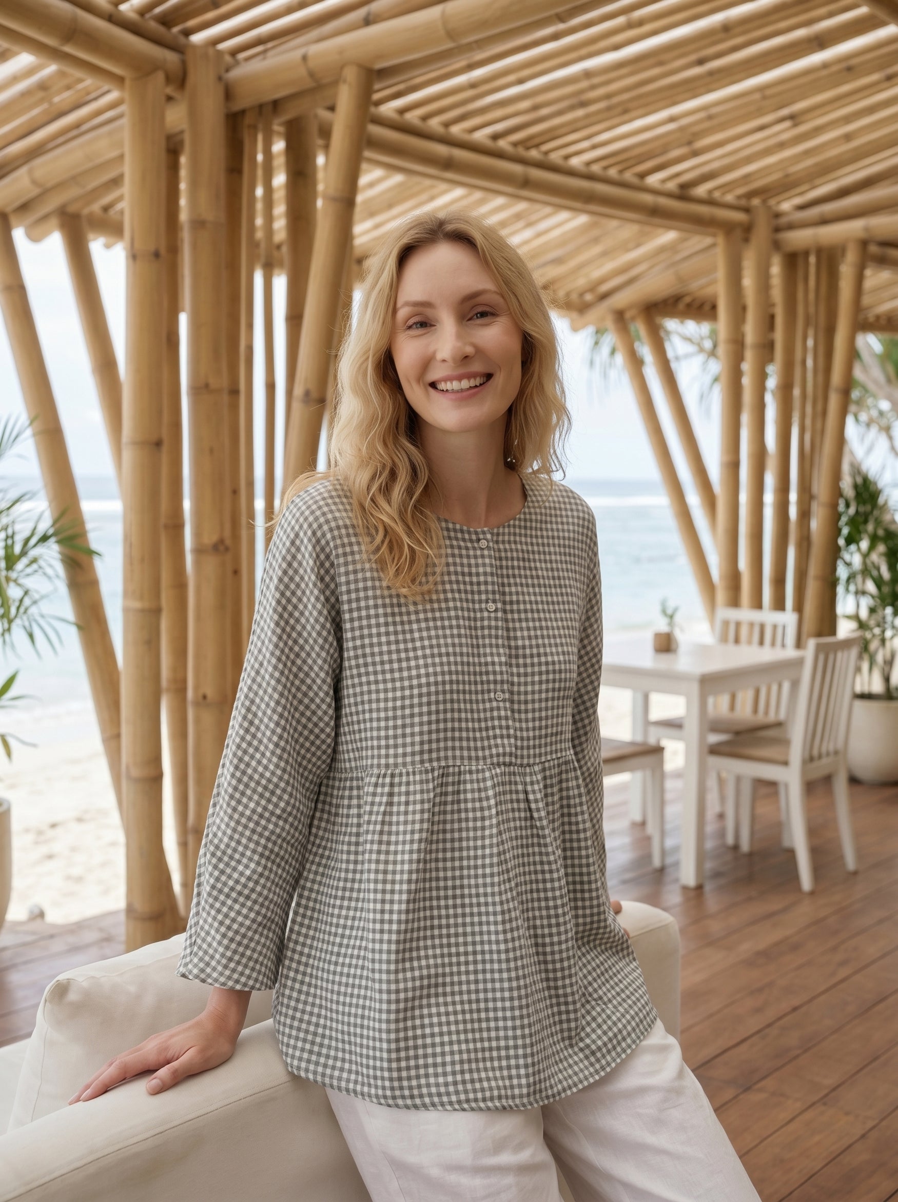 Linen Checked Long-Sleeved Top CAROLINE by LINTICO for women