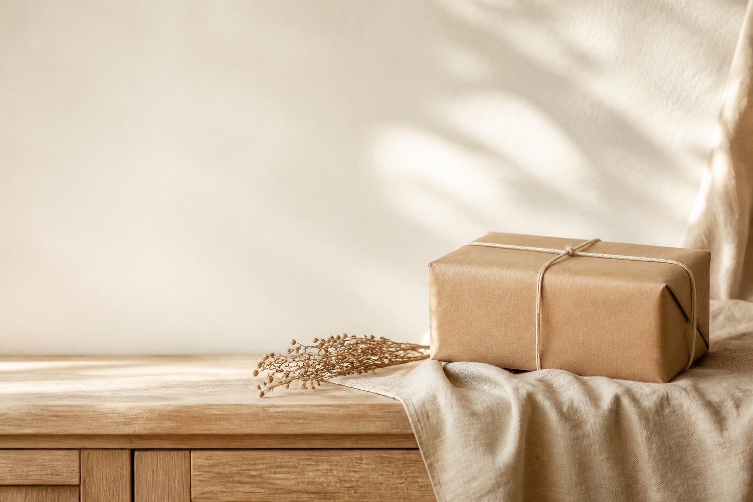 A parcel wrapped in natural paper resting on softly draped linen