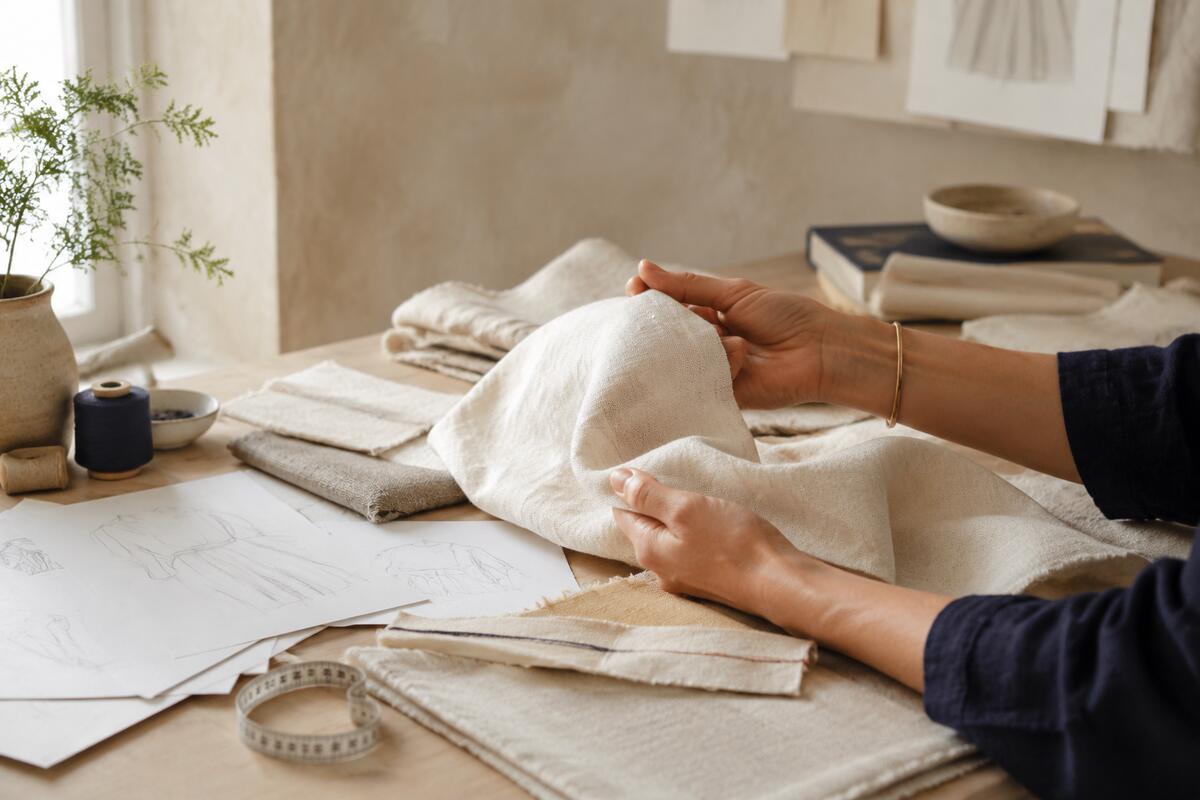 Claire evaluating a natural fabric sample